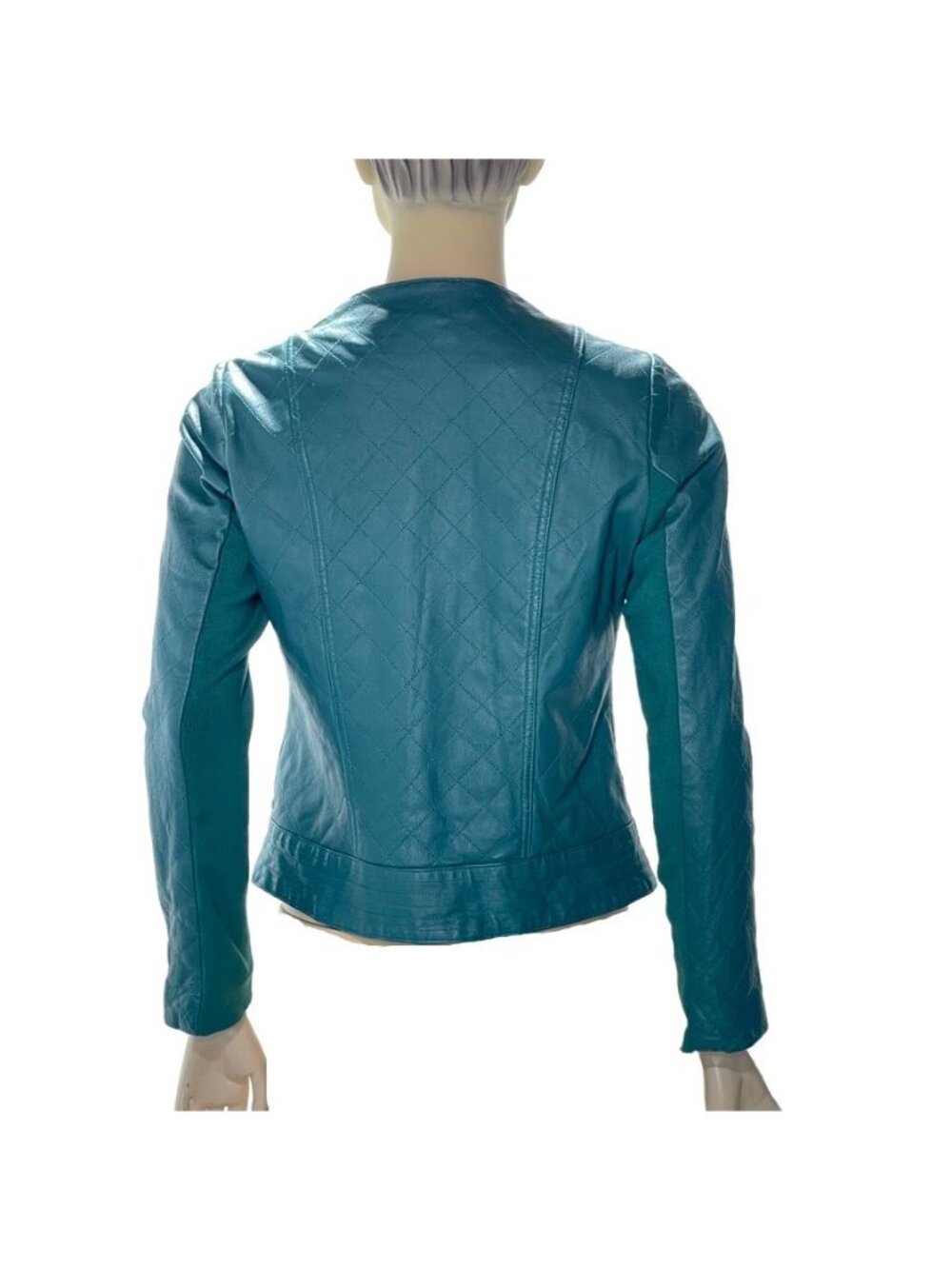 Iman Teal Leather Asymmetrical Moto Jacket XS Zipper Pockets Womens Size Small - Picture 4 of 13